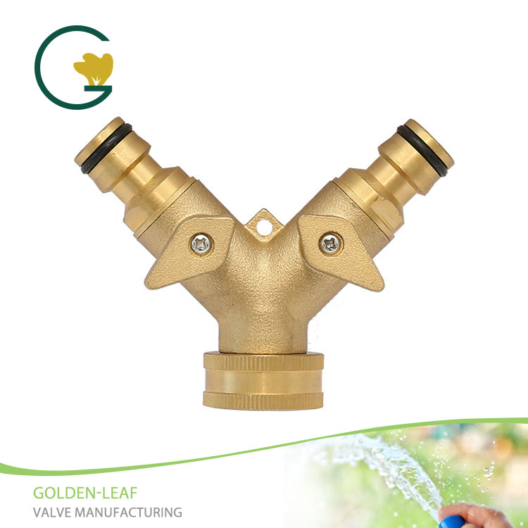 Heavy Duty ကြေးဝါအဆို့ရှင်များသည် 2 Way Y Valve Garden Hose Quick Connector Tap Splitter ဖြစ်သည်